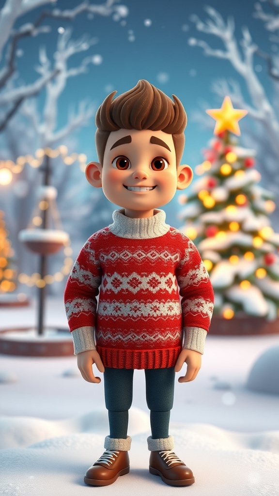 Zepeto avatar in a winter sweater in a snowy Christmas setting.